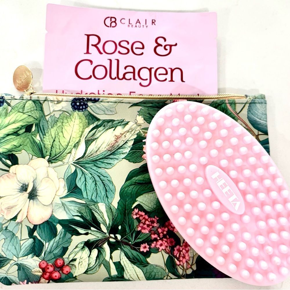 GLAM PACK!! Floral Cosmetic Bag with Pink Exfoliating Brush